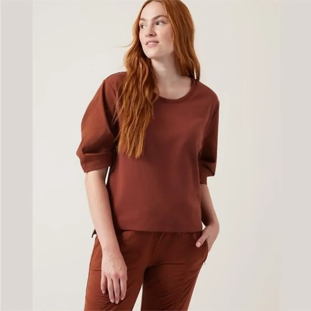 NWOT Athleta Harlow Puff Sleeve Hybrid Tee S Rust Brown - Picture 3 of 10